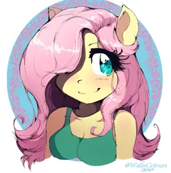 Size: 1275x1291 | Tagged: ambiguous facial structure, anthro, artist:willisninety-six, bust, clothes, cute, derpibooru import, female, fluttershy, hair over one eye, mare, safe, shyabetes, signature, smiling, solo