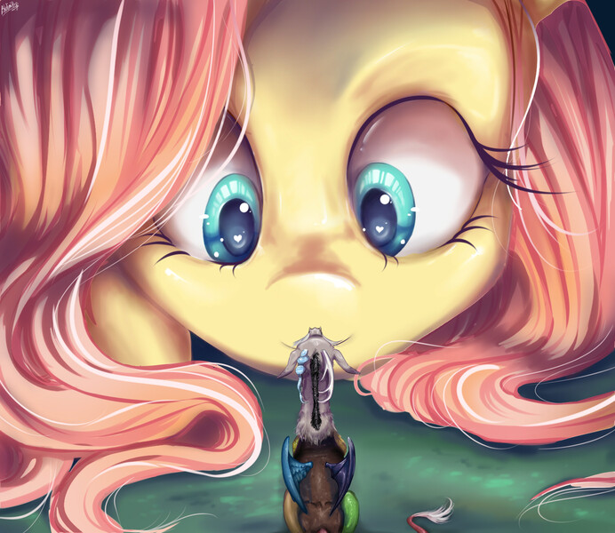 Size: 1500x1300 | Tagged: safe, artist:blulimipop, derpibooru import, discord, fluttershy, draconequus, pegasus, pony, cute, female, full face view, heart eyes, looking at each other, looking down, macro, male, mare, micro, shyabetes, smiling, wingding eyes