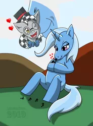 Size: 514x700 | Tagged: safe, artist:amandaxter, derpibooru import, trixie, oc, oc:checkerboard, earth pony, pony, unicorn, anatomically incorrect, canon x oc, female, floating heart, giant pony, heart, incorrect leg anatomy, macro, macro/micro, male, straight, watermark