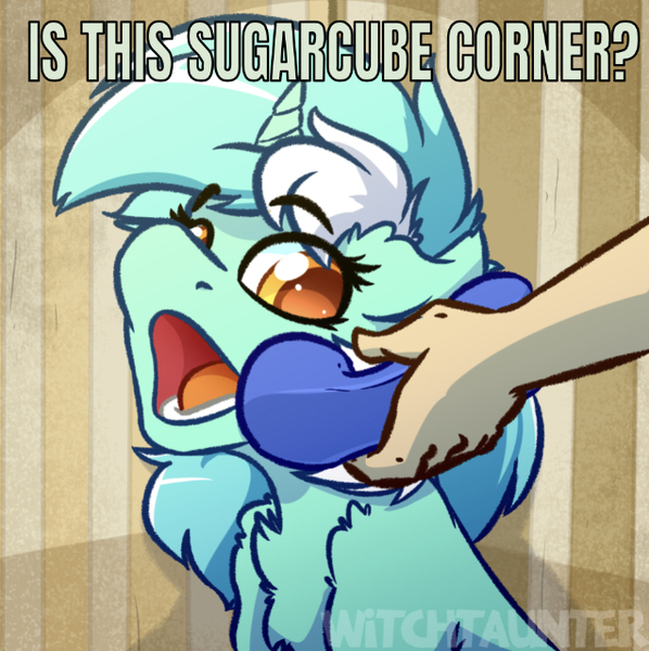 Size: 637x639 | Tagged: safe, artist:witchtaunter, derpibooru import, edit, editor:undeadponysoldier, lyra heartstrings, human, pony, unicorn, series:spikebob scalepants, big pink loser, caption, chest fluff, cute, female, image macro, implied sugarcube corner, mare, meme, open mouth, phone, ponified animal photo, reference, spongebob squarepants, text, yes this is dog