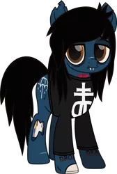 Size: 797x1182 | Tagged: safe, artist:lightningbolt, derpibooru import, ponified, ponified:oliver sykes, earth pony, pony, undead, zombie, zombie pony, .svg available, bags under eyes, bloodshot eyes, bone, bring me the horizon, clothes, colored pupils, drop dead clothing, fangs, frown, glasgow smile, leviathan cross, lip piercing, long sleeves, looking at you, male, movie accurate, piercing, scar, shirt, simple background, solo, stallion, stitches, svg, tattoo, torn ear, transparent background, vector