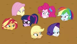 Size: 2502x1447 | Tagged: safe, anonymous artist, derpibooru import, edit, applejack, fluttershy, pinkie pie, rainbow dash, rarity, sci-twi, sunset shimmer, twilight sparkle, a fine line, all the world's off stage, camping must-haves, equestria girls, equestria girls series, rollercoaster of friendship, text support, spoiler:eqg series (season 2), eyeshadow, humane five, humane seven, humane six, lidded eyes, makeup, mud, mud edit, quicksand, smiling