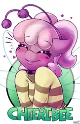 Size: 1237x1912 | Tagged: safe, artist:skoon, derpibooru import, cheerilee, bee, insect, pony, antennae, badge, blushing, cheeribee, cheeribetes, clothes, cute, eyes closed, female, mare, shirt, simple background, smiling, solo, white background