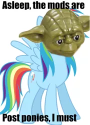 Size: 1392x1932 | Tagged: safe, derpibooru import, edit, rainbow dash, pegasus, pony, caption, image macro, lego, lego yoda, meme, mods are asleep, mods are asleep post ponies, solo, star wars, text, yoda