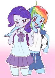 Size: 590x828 | Tagged: safe, artist:hotomura, color edit, derpibooru import, edit, rainbow dash, rarity, equestria girls, backpack, ball, belly button, blouse, blushing, clothes, colored, female, lesbian, pleated skirt, pouting, raridash, shipping, shirt, shorts, side hug, skirt, socks, t-shirt, thigh highs, younger, zettai ryouiki