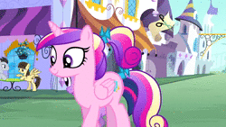 Size: 1920x1080 | Tagged: safe, derpibooru import, screencap, lucky clover, princess cadance, twilight sparkle, wild fire, alicorn, earth pony, pegasus, pony, unicorn, a canterlot wedding, animated, argument, background pony, bedroom eyes, city, female, filly, filly twilight sparkle, heart, love, luckyfire, magic, male, mare, mind control, no sound, proud, shipping, stallion, straight, table, teen princess cadance, unicorn twilight, webm, younger