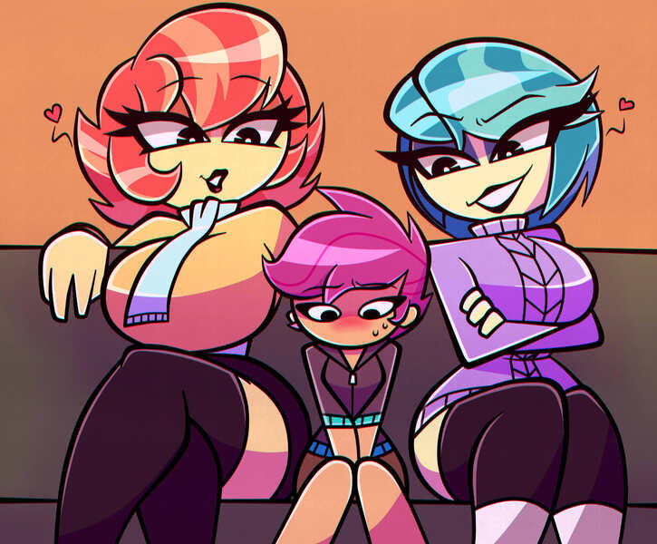 Size: 3500x2895 | Tagged: safe, artist:nelljoestar, derpibooru import, aunt holiday, auntie lofty, scootaloo, human, equestria girls, the last crusade, ara ara, big breasts, blushing, breasts, busty aunt holiday, busty auntie lofty, clothes, disproportional anatomy, equestria girls-ified, female, heart, huge breasts, imminent foalcon, implied lesbian, smiling, this will end in incest