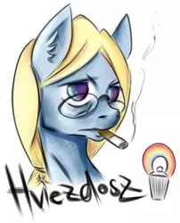 Size: 1274x1580 | Tagged: safe, artist:coco-drillo, derpibooru import, oc, oc:hviezdosz, unofficial characters only, earth pony, pony, badge, blonde mane, blue fur, bust, cigarette, cigarette smoke, colourful, drug use, drugs, ear fluff, glasses, looking at you, male, no pupils, ponysona, ponytail, serious, serious face, simple background, smoking, solo, stallion, white background