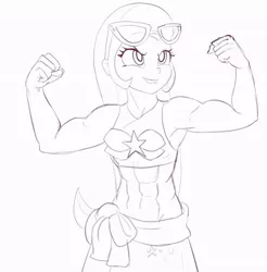 Size: 800x813 | Tagged: safe, artist:raikoh, derpibooru import, trixie, equestria girls, equestria girls series, forgotten friendship, abs, amazon, armpits, belly button, biceps, bikini, bikini top, clothes, female, flexing, grand and muscular trixie, lineart, lip bite, midriff, muscles, muscular female, sarong, scene interpretation, simple background, solo, sunglasses, swimsuit, white background