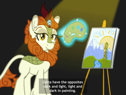 Size: 1440x1080 | Tagged: safe, artist:anonymous, derpibooru import, autumn blaze, ponified, kirin, animated, bob ross, canvas, color palette, drawthread, easel, image, mountain, no sound, paint, paintbrush, painting, requested art, river, solo, spotlight, subtitles, sun, text, tree, water, webm