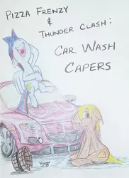 Size: 762x1048 | Tagged: safe, artist:pabrony83, derpibooru import, oc, oc:pizza frenzy, oc:thunder clash, earth pony, pegasus, pony, annoyed, best friends, bucket, car wash, duo, duo male, flying, laughing, male, mazda, mazda rx8, offspring, parent:cheese sandwich, parent:pinkie pie, parent:rainbow dash, parent:soarin', parents:cheesepie, parents:soarindash, prank, sitting, stallion, text, traditional art, wet