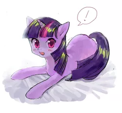 Size: 863x801 | Tagged: safe, artist:hotomura, derpibooru import, twilight sparkle, pony, unicorn, exclamation point, female, looking at you, mare, prone, solo, unicorn twilight