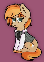 Size: 533x758 | Tagged: safe, artist:retro_hearts, derpibooru import, oc, oc:parlay, unofficial characters only, earth pony, pony, clothes, female, freckles, mare, necktie, sitting, smiling, solo, unshorn fetlocks