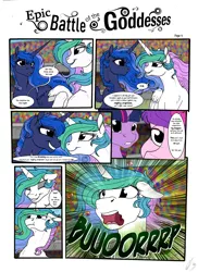 Size: 2550x3506 | Tagged: safe, artist:lupiarts, artist:snoopystallion, derpibooru import, princess cadance, princess celestia, princess luna, twilight sparkle, twilight sparkle (alicorn), alicorn, pony, comic:epic battle of the goddesses, burp, burping contest, clapping, clapping ponies, collaboration, comic, competition, derp, expressions, female, floppy ears, funny, laughing, majestic as fuck, mare, royal sisters, wavy mouth