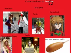 Size: 1154x852 | Tagged: 1000 hours in ms paint, 4chan, anyway come to trotcon, asuka, bad cosplay, barely pony related, bronies are diet furries, caption, cardboard box gundam, convention, corn, corndog, derpibooru import, food, furry, image macro, irl, lady rainicorn, man faye, meat, meme, neon genesis evangelion, photo, promotional art, rainbow dash, rarity, safe, sausage, seems legit, shitposting, souryuu asuka langley, text, why not visit?