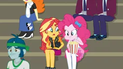 Size: 1916x1080 | Tagged: safe, derpibooru import, screencap, captain planet, golden hazel, marco dafoy, pinkie pie, sunset shimmer, track starr, equestria girls, equestria girls series, sock it to me, spoiler:choose your own ending (season 2), spoiler:eqg series (season 2), background human, bleachers, clothes, crystal prep academy uniform, eating, female, food, geode of empathy, geode of sugar bombs, legs, magical geodes, male, pantyhose, popcorn, school uniform, sock it to me: rarity