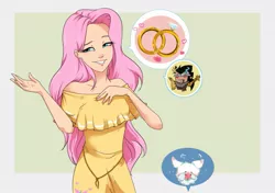 Size: 987x694 | Tagged: angel bunny, artist:gamblingfoxinahat, blushing, derpibooru import, discord, fluttershy, heart, human, humanized, implied discoshy, implied shipping, implied straight, jewelry, ring, safe, scene interpretation, she talks to angel, smiling, wedding ring, yellow dress