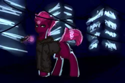 Size: 3000x2000 | Tagged: safe, artist:xaski21, derpibooru import, tempest shadow, pony, broken horn, clothes, glowing horn, gun, handgun, hoodie, horn, jacket, levitation, magic, night, pistol, sketch, solo, telekinesis, urban, weapon