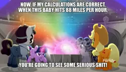 Size: 1973x1125 | Tagged: 88 mph, alicorn, applejack, back to the future, caption, derpibooru import, doc brown, edit, edited screencap, image macro, meme, petunia petals, quote, rainbow roadtrip, safe, screencap, text, torque wrench, twilight sparkle, twilight sparkle (alicorn), vulgar