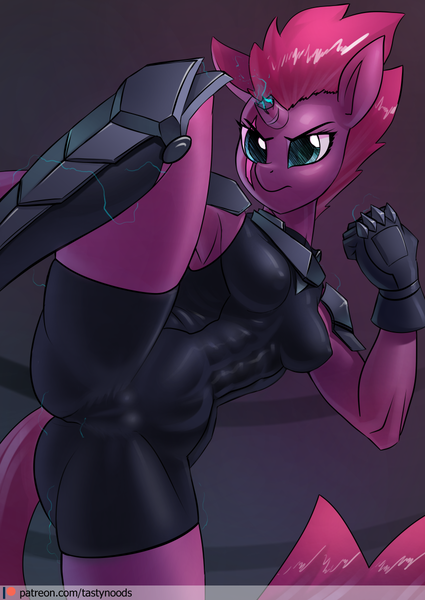 Size: 849x1200 | Tagged: questionable, artist:chrysalisdraws, derpibooru import, tempest shadow, anthro, unicorn, abs, armor, armpits, athletic, bodysuit, breasts, broken horn, cameltoe, erect nipples, eye scar, female, horn, latex, leg lifted, lightning, magic, mare, muscles, muscular female, nipple outline, patreon link, raised leg, scar, skintight clothes, solo, temple shadow, tight clothing, toned, toned female, unconvincing armor