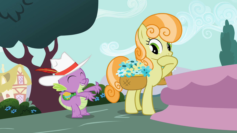 Size: 1280x720 | Tagged: safe, derpibooru import, screencap, junebug, spike, dragon, earth pony, pony, secret of my excess, ball, basket of flowers, female, flower, fountain, hat, male, mare, ponyville, tree