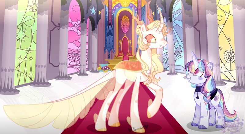 Size: 1024x562 | Tagged: safe, artist:manella-art, derpibooru import, oc, oc:galaxy light, oc:neverfree storm, unofficial characters only, alicorn, changepony, hybrid, pony, base used, female, magical lesbian spawn, mare, offspring, parent:princess celestia, parent:rainbow dash, parent:thorax, parent:twilight sparkle, parents:thoralestia, parents:twidash