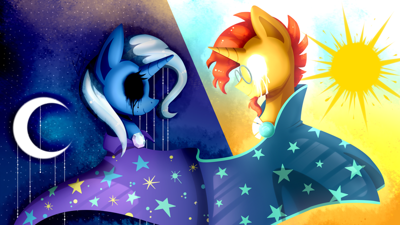 Size: 3309x1861 | Tagged: safe, artist:lixthefork, derpibooru import, sunburst, trixie, pony, unicorn, cape, clothes, creepy, creepypasta, dark, he comes, light, moon, sun, zalgo, zalgo edit