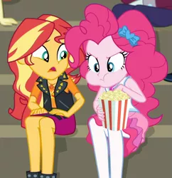 Size: 851x878 | Tagged: safe, derpibooru import, screencap, pinkie pie, sunset shimmer, track starr, equestria girls, equestria girls series, sock it to me, spoiler:choose your own ending (season 2), spoiler:eqg series (season 2), bleachers, cropped, eating, food, geode of empathy, geode of sugar bombs, magical geodes, popcorn, sock it to me: rarity
