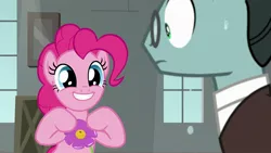 Size: 1920x1080 | Tagged: safe, derpibooru import, screencap, pinkie pie, sans smirk, pony, the last laugh, cute, diapinkes, dripping, factory, flower, gag factory, glasses, smiley face, smiling, wet, window