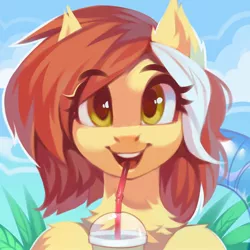 Size: 2000x2000 | Tagged: safe, artist:share dast, derpibooru import, oc, oc:colonia, unofficial characters only, pony, bust, chest fluff, cute, drinking straw, female, looking at you, mare, ocbetes, open mouth, smiling, solo