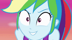 Size: 600x338 | Tagged: safe, derpibooru import, screencap, rainbow dash, equestria girls, equestria girls series, wake up!, spoiler:choose your own ending (season 2), spoiler:eqg series (season 2), animated, close-up, pointing at self, rainbow dash is best facemaker, solo, wake up!: rainbow dash
