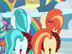 Size: 640x480 | Tagged: safe, derpibooru import, screencap, lighthoof, ocellus, shimmy shake, snips, yona, changedling, changeling, earth pony, pony, yak, 2 4 6 greaaat, animated, butt, cheerleader outfit, clothes, cropped, female, gif, hay bale, mare, pleated skirt, plot, ponytail, skirt, skirt lift, technically an upskirt shot, upskirt