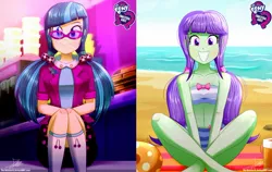 Size: 1621x1023 | Tagged: safe, artist:the-butch-x, derpibooru import, edit, part of a set, juniper montage, starlight, equestria girls, equestria girls series, mirror magic, movie magic, spoiler:eqg specials, background human, bandeau, barefoot, beach, beach babe, bikini, bikini babe, bow, breasts, busty starlight, butch's hello, clothes, compilation, concession stand, crossed legs, cute, equestria girls logo, feet, female, glasses, hands in lap, hello x, kneesocks, looking at you, midriff, pigtails, sitting, skirt, smiling, socks, solo, swimsuit, theater, twintails