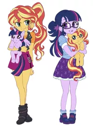 Size: 1515x2048 | Tagged: safe, artist:5mmumm5, derpibooru import, sci-twi, sunset shimmer, twilight sparkle, twilight sparkle (alicorn), alicorn, pony, unicorn, equestria girls, equestria girls series, clothes, duo, duo female, female, glasses, holding a pony, hug, hugging a pony, human ponidox, nail polish, ponytail, self ponidox, smiling, twolight