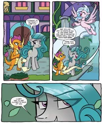 Size: 724x880 | Tagged: safe, artist:tonyfleecs, derpibooru import, idw, silverstream, smolder, swift foot, classical hippogriff, dragon, earth pony, hippogriff, pony, spoiler:comic, spoiler:comicfeatsoffriendship01, claws, comic, dragoness, evil grin, evil planning in progress, eyeshadow, facade, female, flying, folded wings, grin, horns, lidded eyes, makeup, mare, official comic, raised eyebrow, school of friendship, smiling, speech bubble, spread wings, talons, teenaged dragon, teenager, thracian, wings, young mare