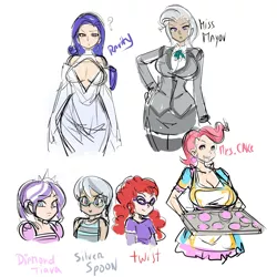 Size: 1500x1500 | Tagged: artist:maniacpaint, breasts, busty cup cake, busty mayor mare, busty rarity, cup cake, derpibooru import, diamond tiara, female, glasses, human, humanized, mayor mare, rarity, silver spoon, suggestive, tray, twist