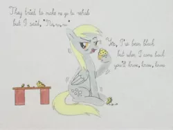 Size: 3264x2448 | Tagged: safe, artist:don2602, derpibooru import, derpy hooves, pegasus, pony, amy winehouse, crumbs, food, holding, muffin, open mouth, rehab, shivering, sitting, solo, song reference, table, traditional art