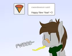 Size: 1000x769 | Tagged: safe, artist:phoenixswift, derpibooru import, oc, oc:fuselight, pegasus, pony, ask fuselight, ask, bandaid, clothes, happy new year, holiday, male, party horn, scarf, solo, stallion, tumblr
