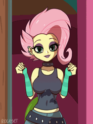 Size: 1200x1600 | Tagged: suggestive, artist:rockset, derpibooru import, screencap, fluttershy, bat pony, equestria girls, equestria girls series, the road less scheduled, the road less scheduled: fluttershy, spoiler:choose your own ending (season 2), spoiler:eqg series (season 2), animated, animation error, bouncing, bouncing breasts, breasts, busty fluttershy, clothes, ear piercing, eyeshadow, female, flutterbat, flutterpunk, frame by frame, lipstick, looking at you, makeup, piercing, race swap, sexy, smiling, solo, solo female, tanktop