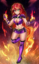 Size: 800x1298 | Tagged: absolute cleavage, artist:tzc, belly button, breasts, busty sunset shimmer, cleavage, clothes, cosplay, costume, dc comics, derpibooru import, female, fiery shimmer, human, humanized, pyromancy, solo, starfire, suggestive, sunset shimmer