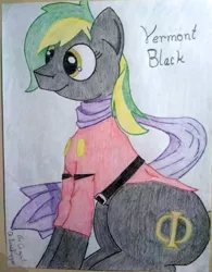 Size: 1450x1856 | Tagged: safe, artist:dr.grasshopper, derpibooru import, oc, oc:vermont black, earth pony, pony, belt, clothes, cosplay, costume, male, phi, scarf, sitting, solo, stallion, traditional art