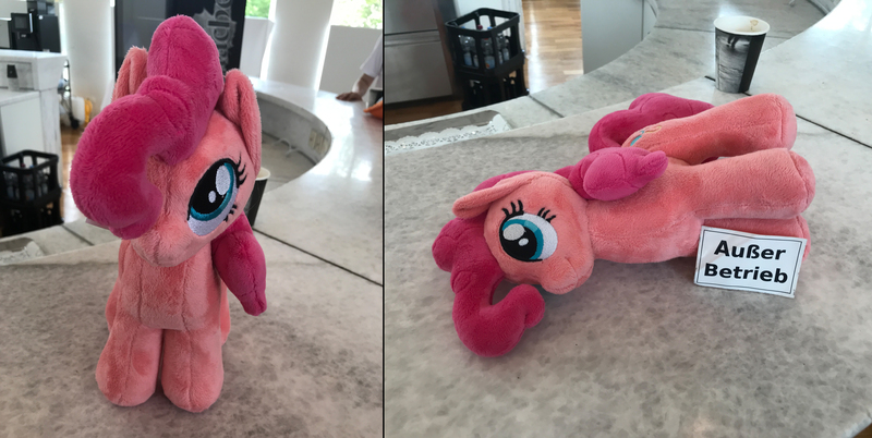 Size: 6016x3024 | Tagged: safe, artist:burgunzik, derpibooru import, pinkie pie, pony, galacon 2019, german, irl, looking up, out of order, photo, plushie