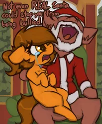 Size: 1073x1308 | Tagged: safe, artist:marsminer, derpibooru import, oc, oc:venus spring, unofficial characters only, pony, unicorn, chest fluff, christmas, clothes, costume, crossing the line twice, crying, dialogue, ear fluff, female, filly, floppy ears, holiday, image, male, op is going to hell, png, santa claus, santa costume, stallion, we are going to hell, younger