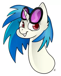 Size: 2000x2500 | Tagged: safe, artist:katyusha, derpibooru import, vinyl scratch, pony, unicorn, bust, female, glasses, glasses off, grin, horn, mare, portrait, simple background, smiling, solo, sunglasses, white background, wrong eye color