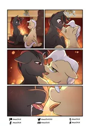 Size: 2598x3626 | Tagged: suggestive, artist:amaichix, derpibooru import, mayor mare, oc, pony, blushing, canon x oc, comic, drool, drool string, female, fireplace, french kiss, glasses, kissing, looking at each other, male, mare, mistletoe, patreon, patreon logo, red and black oc, sloppy kissing, stallion, tongue out