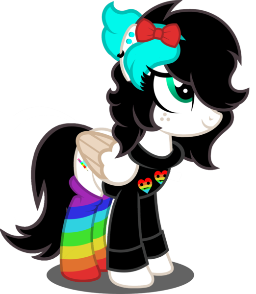 Size: 834x959 | Tagged: safe, artist:fletcherthehuntress, derpibooru import, oc, oc:rainbow droplet, pegasus, pony, bow, clothes, ear piercing, earring, female, freckles, hair bow, jewelry, mare, piercing, rainbow socks, simple background, socks, solo, striped socks, sweater, transparent background