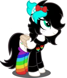 Size: 834x959 | Tagged: safe, artist:fletcherthehuntress, derpibooru import, oc, oc:rainbow droplet, pegasus, pony, bow, clothes, ear piercing, earring, female, freckles, hair bow, jewelry, mare, piercing, rainbow socks, simple background, socks, solo, striped socks, sweater, transparent background