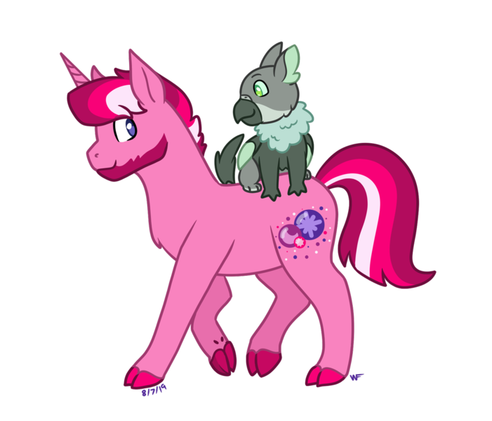 Size: 1280x1096 | Tagged: safe, artist:quincydragon, derpibooru import, oc, oc:berry burst, oc:motley, dragon, dragriff, gryphon, pony, unicorn, cloven hooves, duo, interspecies offspring, magical lesbian spawn, male, offspring, parent:gabby, parent:spike, parent:tempest shadow, parent:twilight sparkle, parents:spabby, parents:tempestlight, simple background, stallion, transparent background