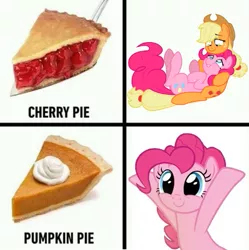 Size: 597x600 | Tagged: safe, artist:storfulsten, derpibooru import, edit, edited edit, edited screencap, editor:leonidus, editor:starry mind, screencap, applejack, pinkie pie, earth pony, pony, spice up your life, apple, apple pie, applepie, cherry pie (food), cuddling, cute, diapinkes, female, food, funny, happy, hooves up, hug, lesbian, looking at each other, looking at you, mare, meme, pie, pumpkin pie, pun, shipping, simple background, smiling, solo, text, whipped cream, white background, wordplay