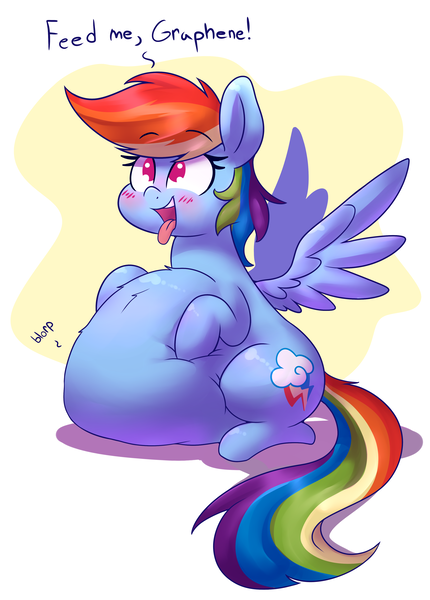 Size: 2833x3953 | Tagged: safe, artist:bellspurgebells, artist:graphenescloset, derpibooru import, rainbow dash, pegasus, pony, adorafatty, belly, big belly, blushing, cute, dashabetes, fat, feedee, rainblob dash, solo, squishy, squishy belly, tubby wubby pony waifu